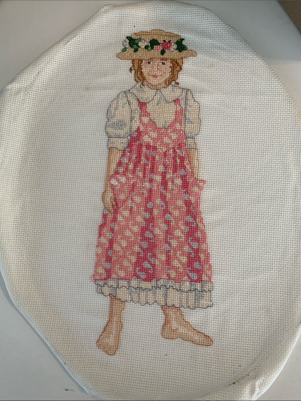 Hand-Embroidered Girl in Pink Dress Home Art